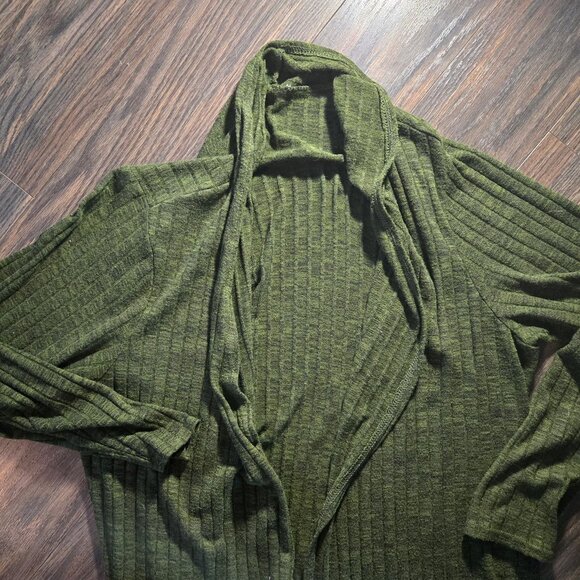 Boho Style Open Front Maxi Green & Black Ribbed Cardigan w/ Pockets SIZE XXL - Picture 3 of 5